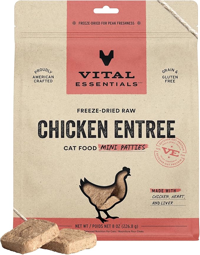 Vital Essentials Freeze Dried Raw Cat Food, Chicken Mini Patties Entree, 8 oz