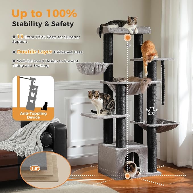 Large Cat Tree with 13 Thick Study Scratching Posts (φ4.3in)-67in Heavy Duty Cat Tower for Indoor Adult Cats with XXL Cat Condo, Super Big Perch & 3 Hammocks for Maine Coon 20 lbs -Gray