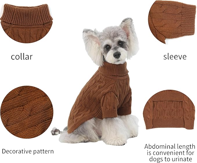 Small/Medium Dog Sweater, Warm Dog Winter Coat w/Sleeves, Comfortable High Neck Premium Dog Clothes for Schnauzer-Best for Holidays, Daily Walks M Brown