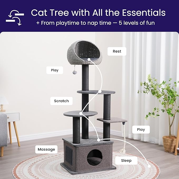 Catry 62" High 6 Level Mordern Cat Tree with Large Base Condo, Top Hoodie Bed, Quilted Velvet Pad Steps, Replaceable Scratching Posts,for Multi- Cats Homes(Dark Gray)
