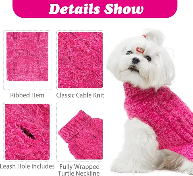 Turtleneck Small Dog Sweaters - Classic Cable Knitwear Winter Coat for Small Medium Dogs Male Female Puppy Dog Cold Weather Clothes Girls Boys, Hot Pink, S/M