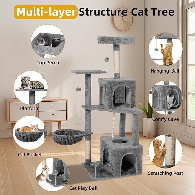 Cat Tree 54-Inch Cat Tower with Padded Plush Perch 2 Comfy Caves, Scratching Posts, Basket, 2 Pompoms, Multi-Level Plush Cat Condo for Indoor Cats Kittens, Gray