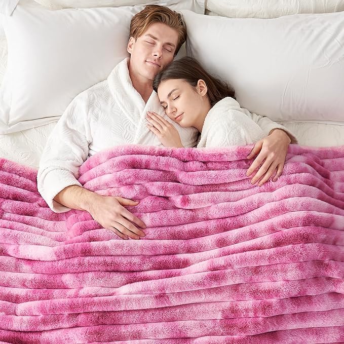 Cozy Bliss Faux Fur Throw Blanket for Couch, Cozy Warm Plush Striped Blanket for Sofa Bedroom Living Room, 50 * 60 Inches Tie-dye Pink