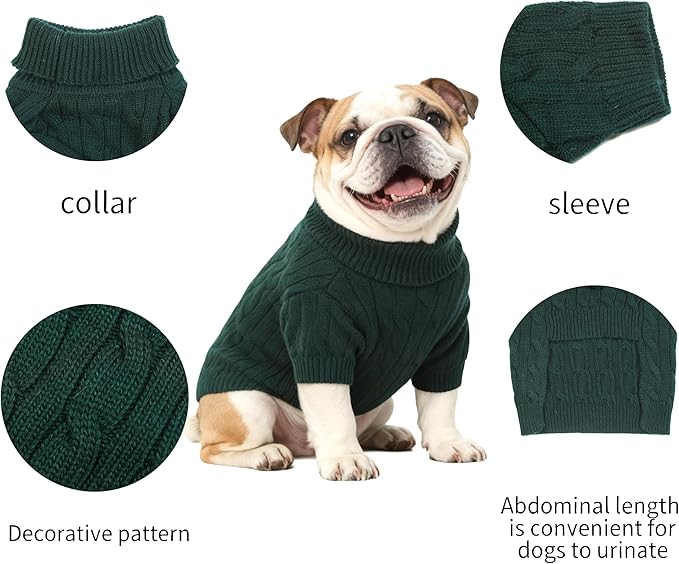 Medium/Large Dog Sweater, Warm Dog Winter Coat w/Sleeves, Comfortable High Neck Premium Dog Clothes for Bulldog-Best for Holidays, Daily Walks L Green