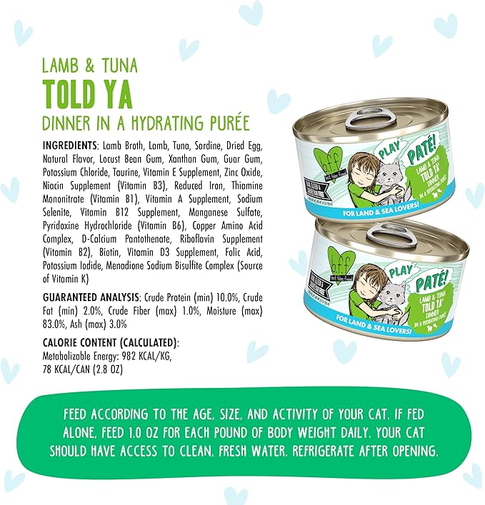 Weruva B.F.F. Play - Best Feline Friend Paté Lovers, Aw Yeah!, Lamb & Tuna Told Ya' with Lamb & Tuna, 2.8oz Can (Pack of 12)