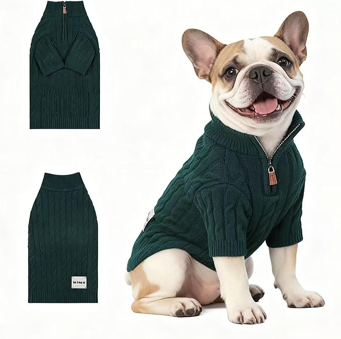 Medium/Large Dog Sweater, Warm Dog Winter Coat w/Sleeves, Comfortable High Neck Premium Dog Clothes for Bulldog-Best for Holidays, Daily Walks L Green