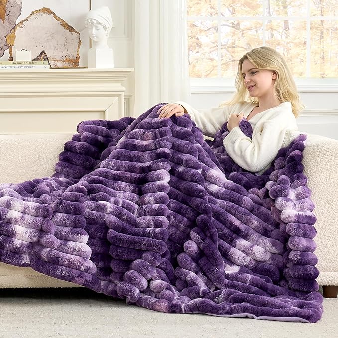 Cozy Bliss Faux Fur Throw Blanket for Couch, Cozy Warm Plush Striped Blanket for Sofa Bedroom Living Room, 50 * 60 Inches Tie-dye Purple