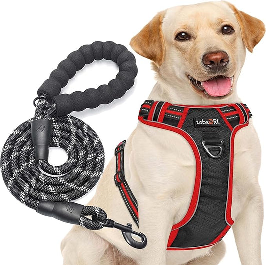 No Pull Harness with A Free Heavy Duty 5ft Leash for Medium Large Dog Adjustable Reflective Oxford Easy Control (L (Neck: 18"-25.5", Chest: 25.5"-31"), Black/red Harness+Leash)