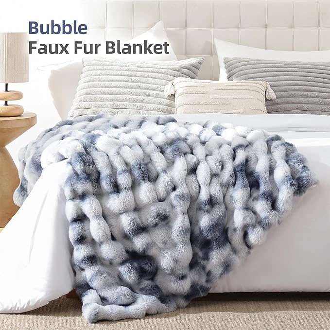 Smoofy Faux Fur Throw Blanket for Couch Rabbit Fleece - Tie-dye Blue Fluffy Blanket for Sofa Bedroom Living Room, Cozy Soft Plush Luxury Thick Winter Fuzzy Comfy Bubble Blanket - 50" x 60"