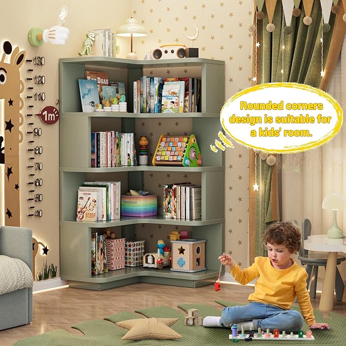 Armocity Corner Book Shelf - 5 Tier Corner Bookshelf Etagere Bookcase with Baffle, Freestanding L Shaped Display Shelf Stand for Home Office, Living Room, Bedroom, Kitchen, Crab Green