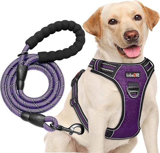 No Pull Harness with A Free Heavy Duty 5ft Leash for Medium Large Dog Adjustable Reflective Oxford Easy Control (L (Neck: 18"-25.5", Chest: 25.5"-31"), Purple Harness+Leash)