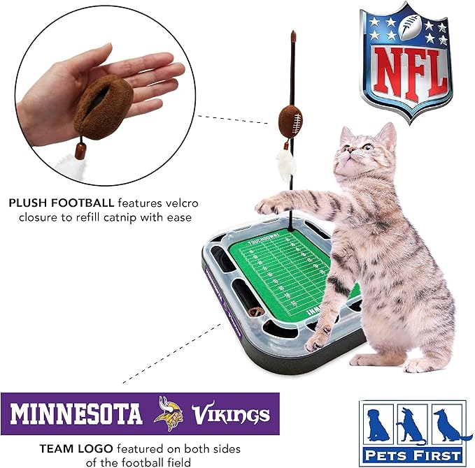 NFL Minnesota Vikings Football Field Cat Scratcher With Catnip Filled Plush Football & Feather Toy Hanging, Jingle Bell Interactive Ball Chasing 5-in-1 Kitty Toy