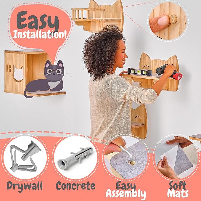 IDAE Cat Wall Shelves – 9-Piece Wooden Wall-Mounted Cat Furniture Set with Condo, Scratcher & Steps – for Large Indoor Cats – Natural Wood