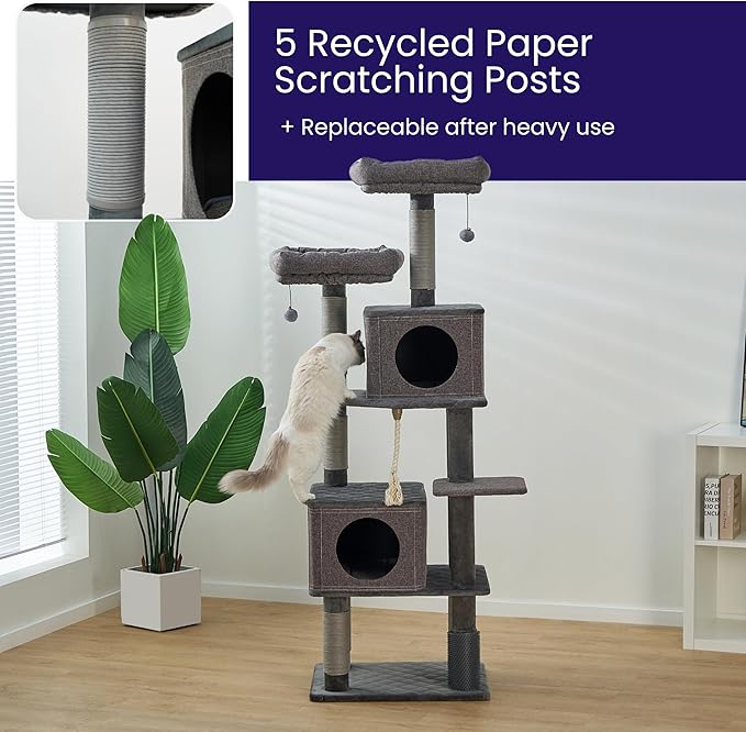 Catry Stella 7-Level 67.5” Linen & Quilted Velvet Cat Tree with Recycled Paper Scratchers, Two Condos, Removable Beds, Toys, Easy to Clean, Ideal for Large Cats and Multi-Cat Homes (Zinc Gray)