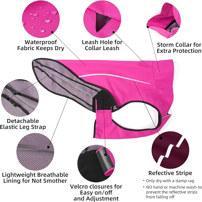 Mile High Life Dog Raincoat, Adjustable Waterproof Reflective Rain Jacket for Small Medium Large Dogs, Lightweight Breathable Pet Rain Coat with Leash Hole(Hot Pink,M Chest 26-32")
