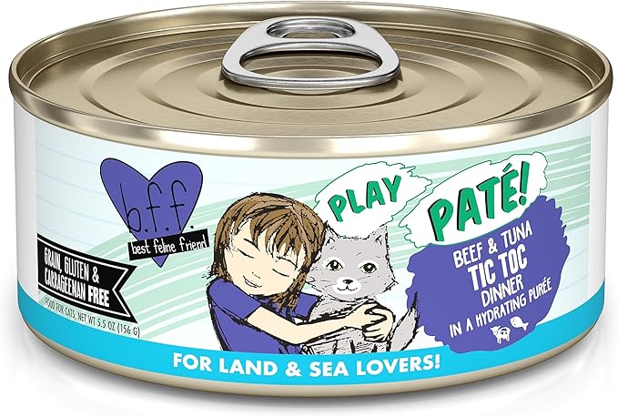 Weruva B.F.F. Play - Best Feline Friend Paté Lovers, Aw Yeah!, Beef & Tuna Tic TOC with Beef & Tuna, 5.5oz Can (Pack of 8)