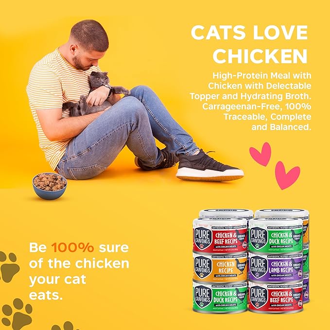Pure Cravings Chicken Recipe in Broth, Shredded Wet Cat Food, Variety Flavor Pack: Chicken, Lamb, Duck, Beef; Grain-Free Protein, Non-GMO