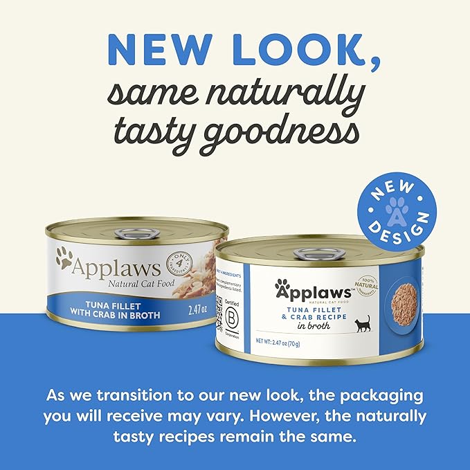 Applaws Natural Wet Canned Cat Food, Limited and Natural Ingredients, High Protein with No Artificial Additives, Tuna Fillet & Crab in Broth (24 x 2.47oz Cans)