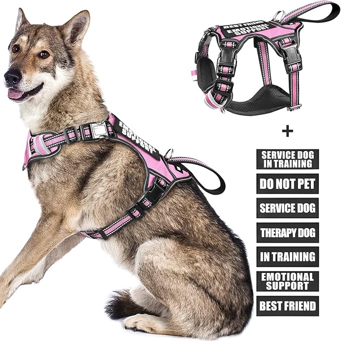 WINSEE Service Dog Vest No Pull Dog Harness with 7 Dog Patches, Reflective Pet Harness with Durable Soft Padded Handle for Training Small, Medium, Large, and Extra-Large Dogs (X-Large, Pink)