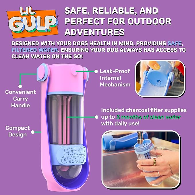 Lil Gulp Water Bottle | Advanced Carbon Filtration for Safe Filtered Water on The Go | BPA-Free Leak-Proof Portable Dog Travel Water Bottle with Retractable Water Spout, 15 Fl oz - Blue