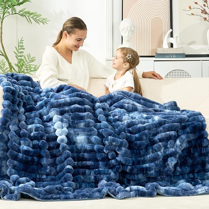 Cozy Bliss Faux Fur Throw Blanket for Couch, Cozy Warm Plush Striped Blanket for Sofa Bedroom Living Room, 50 * 60 Inches Tie-dye Blue