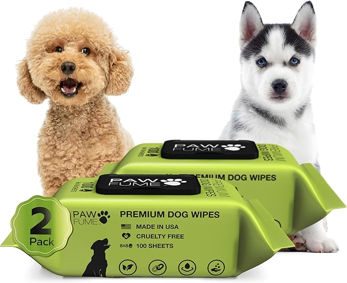Paw Fume Dog Wipes 2 x 100 Count, Pet Wipes – Hypoallergenic & Gentle Dog Wipes for Eyes, Face, Butt, and Paws – Cleaning & Deodorizing, Grooming Tear Stain Wipes for Puppy, Adult Dogs & Cats