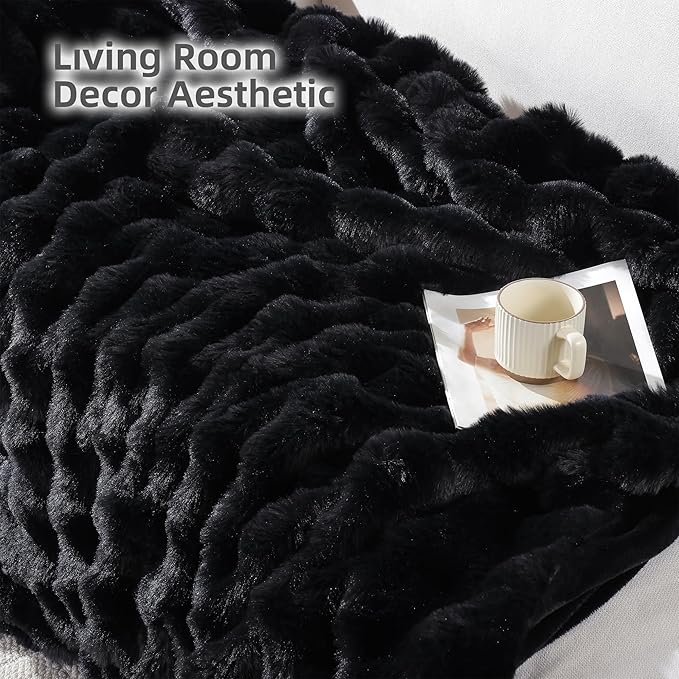 Smoofy Faux Fur Throw Blanket for Couch – Black Fluffy Cozy Rabbit Fleece, Plush Soft Bubble Blanket for Sofa & Bed, for Mom, Warm Fuzzy Home Room Decor Throw 60" x 80"