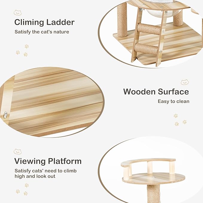 EUREKA ERGONOMIC Cat Tree Large 52 Inch, Wooden Cat Tower Multi-Level Cat Tree Tower for Indoor Cats Large Adult with Scratching Post, House, Pompoms, Cat Stand with Scratch Pad (Yellow)