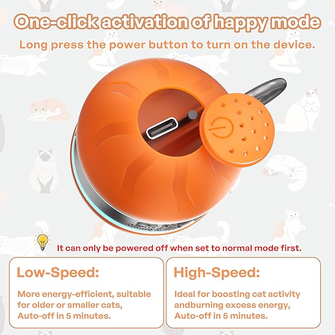 Speedy 2.0 Tail Interactive Cat Toys for Bored Indoor Adult Cats with 3 Tails,Automatic Cat Toy Ball Self Moving Chirping,Smart Kitten Rechargeable Cat Ball for Enrichment Exercise Essentials(Orange)