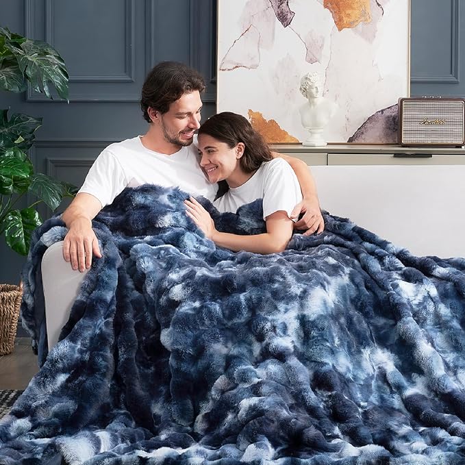 Cozy Bliss Faux Fur Throw Blanket for Couch, Fuzzy Soft Plush Thick Bubble Blanket for Sofa Bedroom Living Room, 90 * 90 Inches Tie Dye Blue
