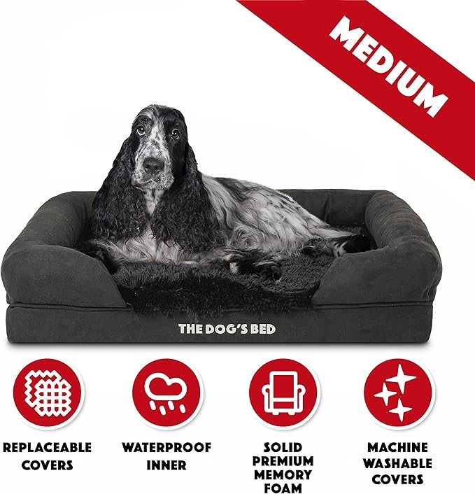 The Dog’s Bed, Medium Black Faux Fur, Memory Foam, Pain Relief: Arthritis, Hip & Elbow Dysplasia, Post Surgery, Lameness, Supportive, Calming, Washable Cover