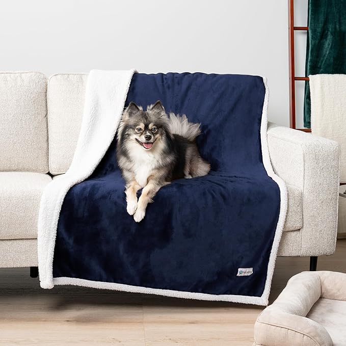 PetAmi Waterproof Dog Blanket for Medium Large Dog Puppy Cat Throw for Couch Cover Leakproof Protection, Sherpa Fleece, Reversible Soft Washable 60x40 Navy Blue