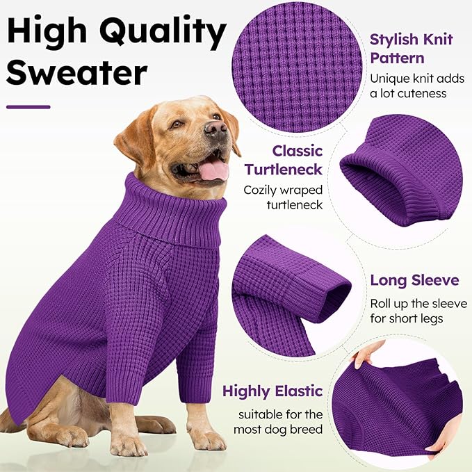 Queenmore Soft Warm Large Dog Sweater, Large Dog Sweaters for Male Dogs, Pet Christmas Sweaters, Extra Large Breeds Kintwear, Turtleneck Pullover Pet Clothes, Purple 3XL