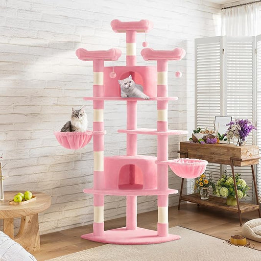 SHA CERLIN 73in Fan-Shaped Corner Cat Tower for Save Space/Multi-Level Tall Cat Tree for Indoor Kitties/Condo with Baskets/Cozy Perches/Sisal Scratching Posts/Pet Activity House/Pink