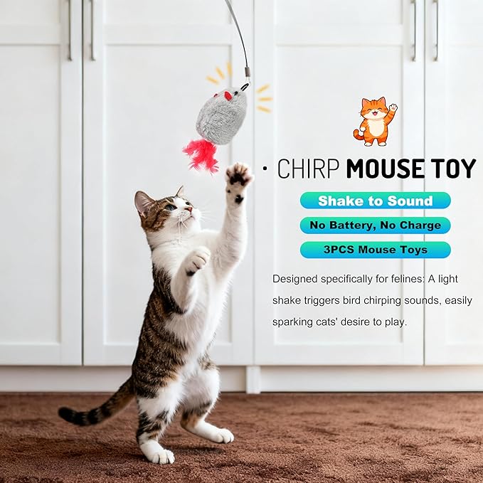Interactive Hanging Cat Toy for Indoor Cats, 16PCS Door Cat Toys Set with Feathers, Chirping Mice Retractable Teaser Toys for Kitten Play Chase Exercise
