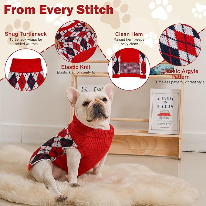 Dog Sweater for Medium Dogs Plaid Checkered Knit Turtleneck Pullover Winter Clothes Boys Girls Stretch French Bulldog Dachshund Corgi Beagle Pug Christmas Pet L