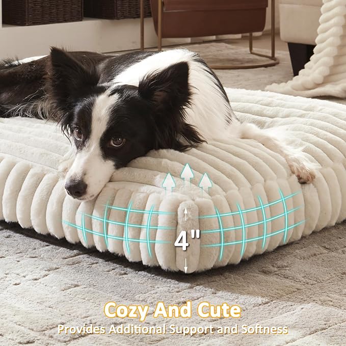 Dog Beds Large Sized Dog, Flat Pet Beds with Removable Washable Cover, Pet Mat Cute Pet Crate Bed Thick Shredded Chopped Crate Foam & Anti Slip Bottom for Indoor, 35"x23"x4" Cream