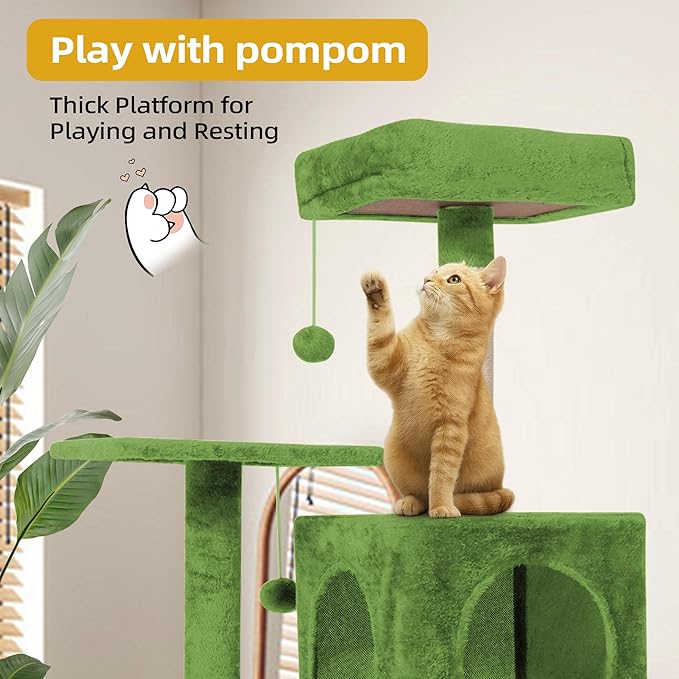 Cat Tree 54-Inch Cat Tower with Padded Plush Perch 2 Comfy Caves, Scratching Posts, Basket, 2 Pompoms, Multi-Level Plush Cat Condo for Indoor Cats Kittens, Green