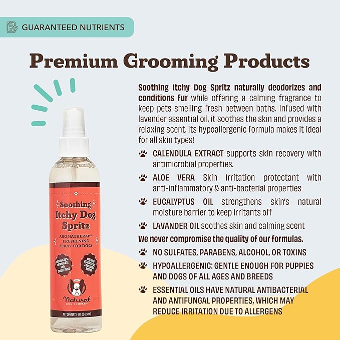 Natural Dog Company Itchy Dog Spritz 8 oz – Hypoallergenic Deodorizing Spray with Aloe, Lavender & Calendula – Soothes Itchy Skin, Refreshes Coat Between Baths – Free from Parabens, Sulfate & Alcohol
