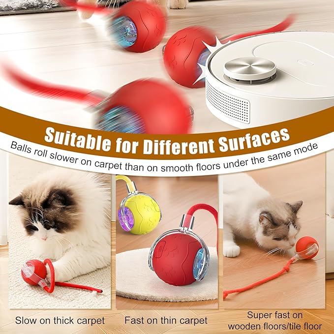 Interactive Cat Toys Ball for Indoor Cats, 2025 Newly Upgraded Automatic Rolling Balls, Moving Cat Ball with Elastic Mesh Tail, Kitten Toys for for Bored Indoor Adult Cats/Dog (Red)