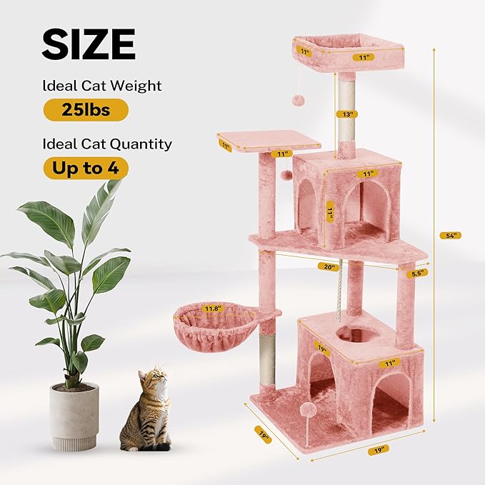 Cat Tree, 54-Inch Cat Tower for Indoor Cats,Plush Multi-Level Cat Condo with Scratching Posts, Basket, Perches,2 Caves,2 Pompoms(Pink)