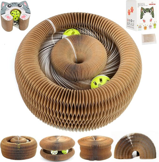 Upgraded Kitty Kurlz Cat Scratcher Board Toy with 2 Balls for Mental & Physical Exercise, Multi-Shape Interactive Cardboard Cat Toy for Indoor Kittens/Cats Infinite-Flip with Fun, Brown/Gray, 1 Pack