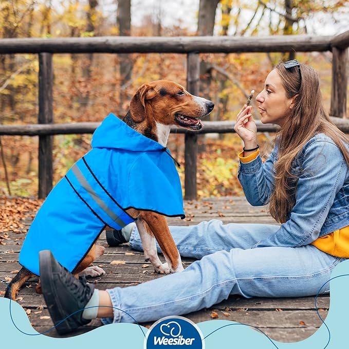 Weesiber Dog Raincoat, Waterproof Dog Rain Jacket with Leash Hole, Hooded Puppy Rainwear Poncho Slicker for Walking (M, Blue)