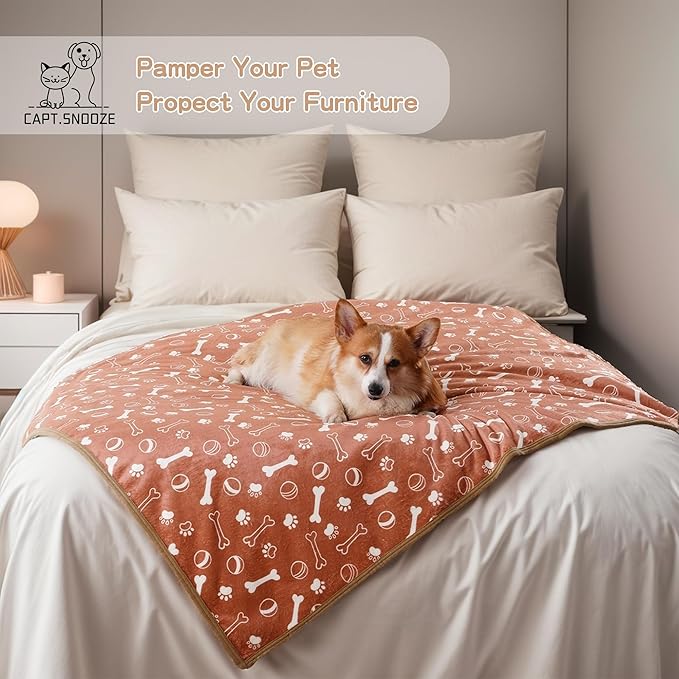 Waterproof Dog Blankets Pet Blanket 50"x60", Soft Fluffy Sofa Car Bed Protector, Reversible Sherpa Fleece Dog Blanket for Small Medium Large Dogs Cats (Light Brown-Baseball)