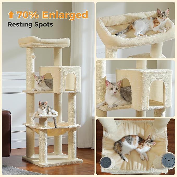 Large Cat Tree for Indoor Cats Large Adult, 57.8" Heavy Duty Cat Tower with 4 Reinforced Scratching Posts (φ3.7in) and Plush Larger Hammock for Maine Coon & Big Cats, Supports 30lbs, Beige