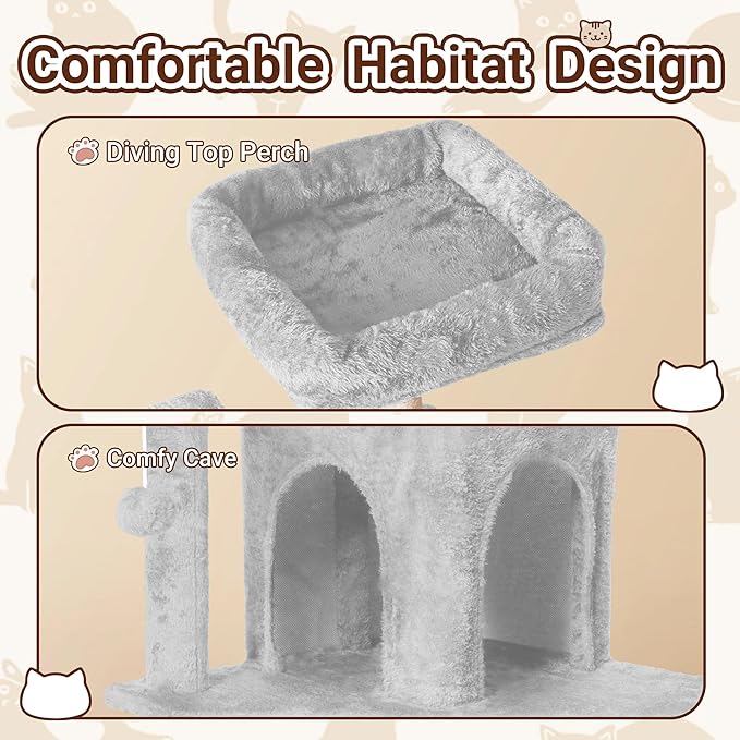 Cat Tree, 54-Inch Cat Tower for Indoor Cats,Plush Multi-Level Cat Condo with Scratching Posts, Basket, Perches,2 Caves,2 Pompoms (Light Grey)