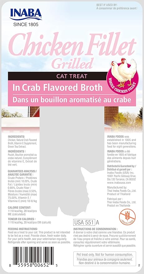 INABA Premium Hand-Cut Grilled Chicken Fillet Cat Treats/Topper with Vitamin E and Green Tea Extract, 0.9 Ounces Each, Pack of 6, Crab Broth