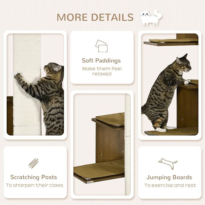 PawHut Wall-Mounted Cat Tree, 4-Layer Cat Wall Shelves Furniture with Scratching Board, Kitten Activity Center with Cushions, Natural