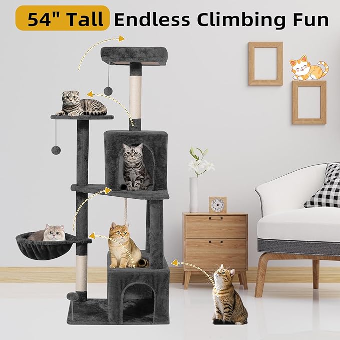 Cat Tree 54-Inch Cat Tower with Padded Plush Perch 2 Comfy Caves, Scratching Posts, Basket, 2 Pompoms, Multi-Level Plush Cat Condo for Indoor Cats Kittens, Dark Gray