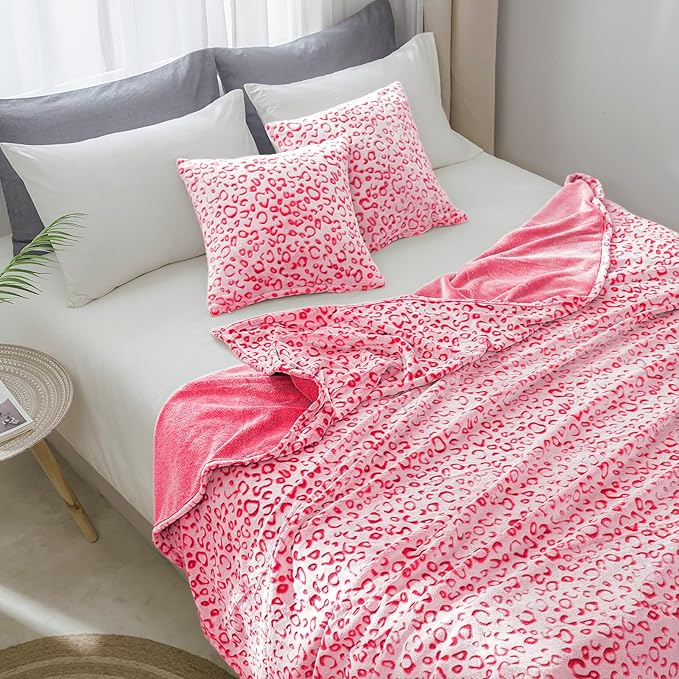 FY FIBER HOUSE Flannel Fleece Leopard Print Throw Blanket Super Soft Lightweight Fluffy Twin Blankets for Couch, 90"X108",Hot Pink